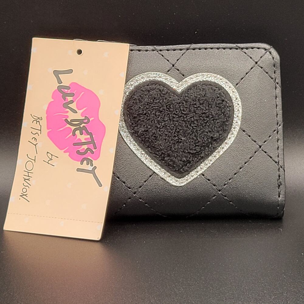Luv Betsey Black Quilted Fuzzy Heart Small Wallet - NWT